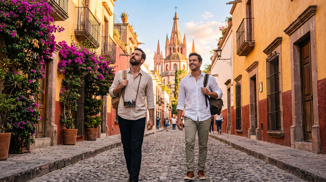 Couple de touristes marchant dans une rue historique fleurie
