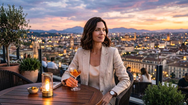Femme d&rsquo;affaires prenant un cocktail sur une terrasse avec vue sur la ville