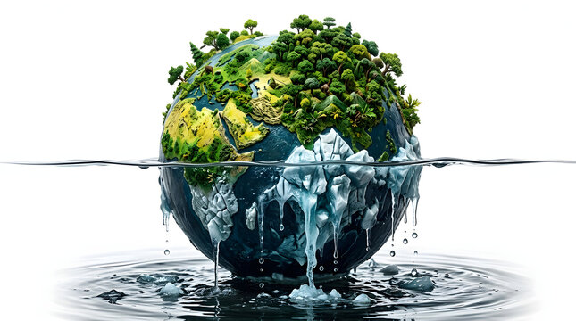Earth globe half submerged in water with melting ice caps and forest