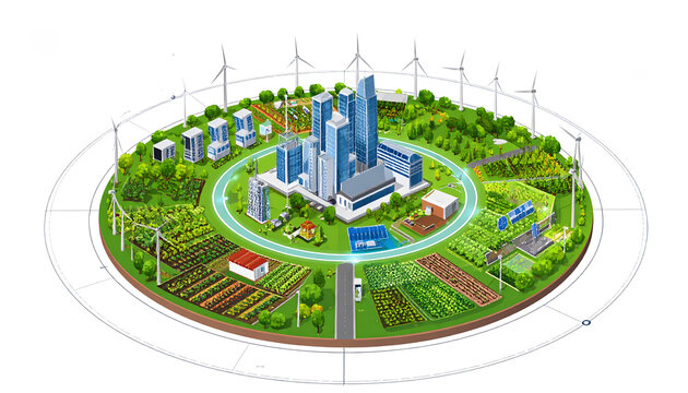 Net zero city infographic explaining sustainable infrastructure creating modern clean professional circular futuristic atmosphere generative AI