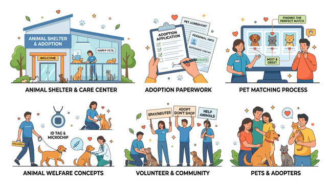 Volunteers help animals and people at a shelter and adoption center