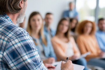 Fototapeta premium Man teaches group in bright, modern room. Attendees focus, some take notes. Dressed casually, he engages learners. Ideal for training, education, or meetings. No animals or plants present