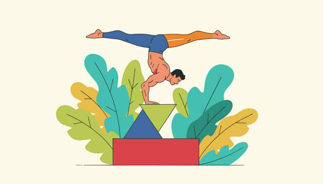 Athletic gymnast performing handstand split on geometric blocks surrounded by large colorful botanical leaves.
