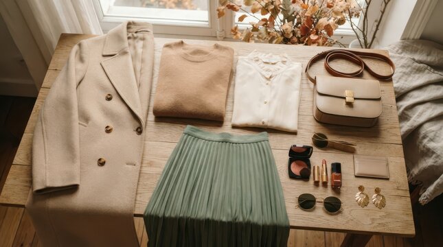 Stylish autumn womens outfit flat lay coat, sweater, skirt, and accessories on wooden table