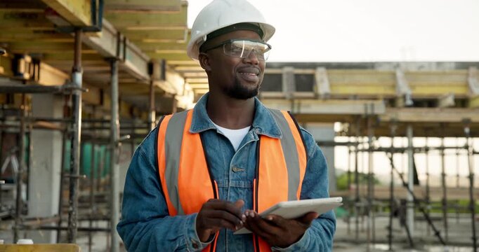 Black man, planning and construction worker on site with tablet for update on renovation. Digital technology, ideas and civil engineer with email feedback on repairs, maintenance or building outdoor.