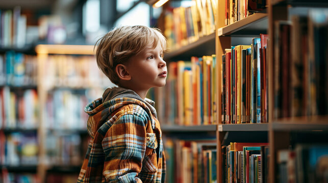 Curious young boy with blonde hair selects a colorful book from a tall wooden library shelf