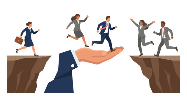 Big hand helping business people cross abyss gap safe bridge career growth support and solution flat vector illustration concept