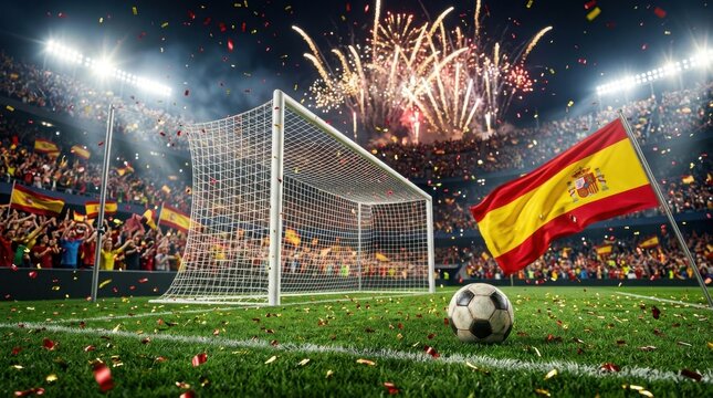 Spanish soccer team victory celebration with fireworks and flag at stadium