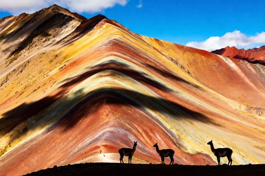 Three llamas silhouetted against a colorful, layered mountain under a clear blue sky