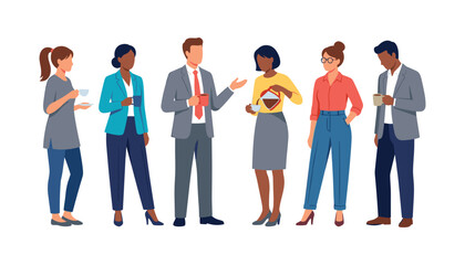 Obraz premium Diverse business people group having coffee break talking together and sharing ideas flat vector illustration corporate communication concept
