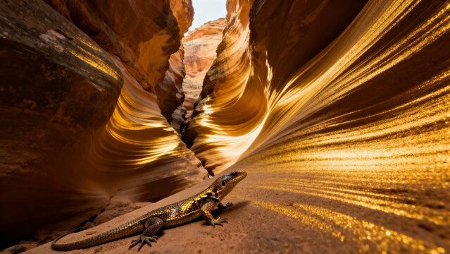 A lizard rests on sandy ground within a narrow, sunlit slot canyon with smooth, golden rock walls.