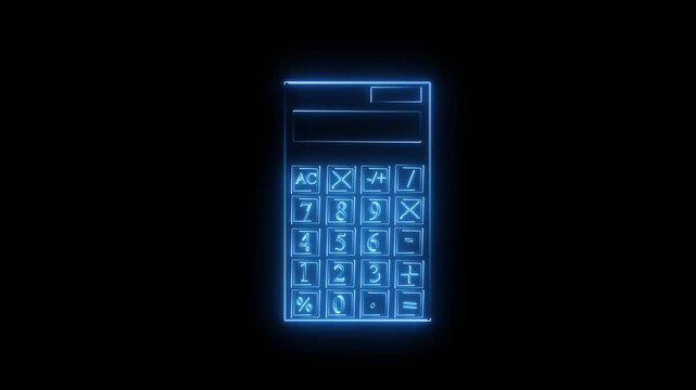 A glowing blue neon calculator icon showing math buttons and numbers isolated on a dark black background representing digital accounting finance and business data calculation technology concept design