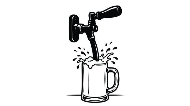 Beer tap pouring into mug, draft beer, pub icon, bar illustration, beverage vector