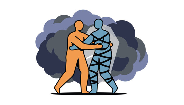 Compassionate orange figure offering a warm hug to a blue character struggling with constraints and anxiety.