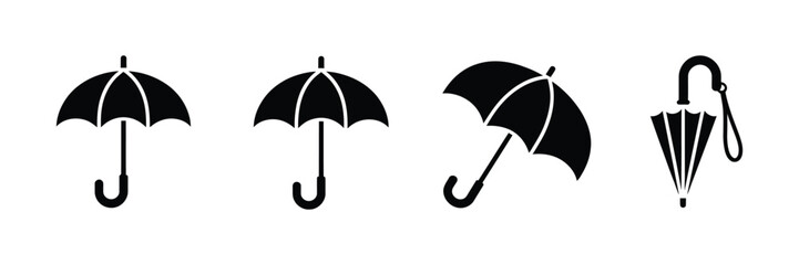 Umbrella icons featuring rain symbols, weather protection, parasol designs, climate elements, and vector illustration. © MOSA