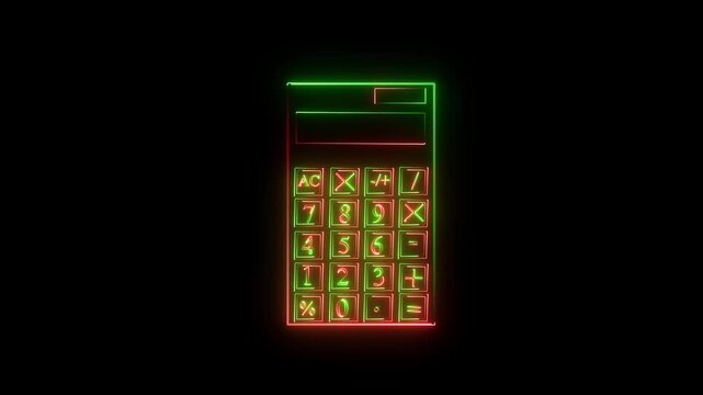 Neon calculator icon with glowing green and red light lines on dark background representing math finance and digital accounting technology for business web design element