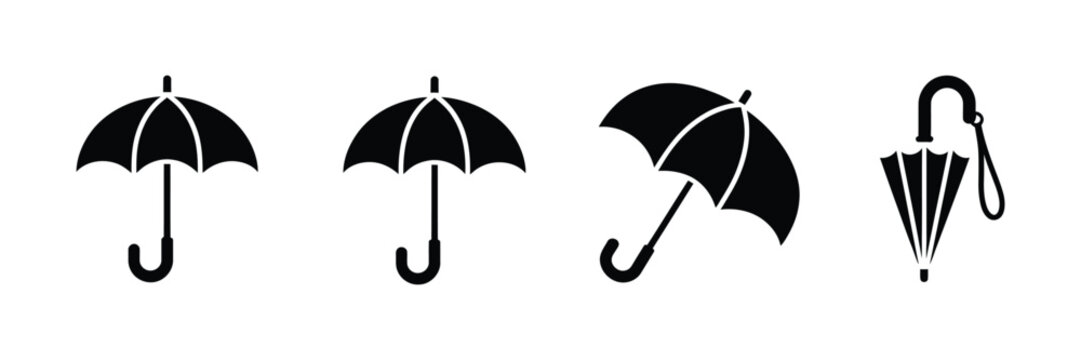 Umbrella icons featuring rain symbols, weather protection, parasol designs, climate elements, and vector illustration.