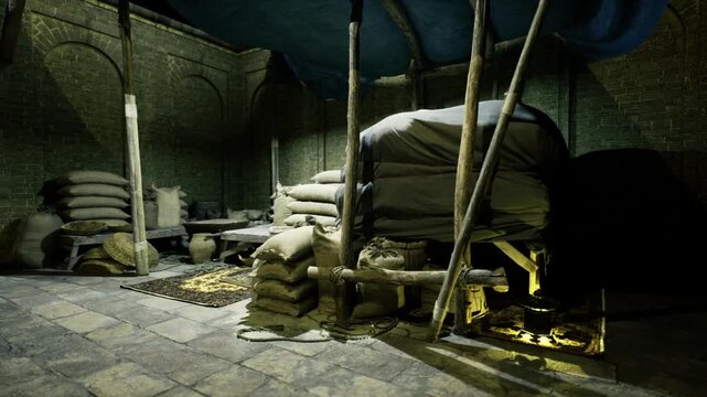 Stacked burlap sacks in dim granary, scattered grain and wooden beams create moody rustic scene with textured stone floor and low amber light.