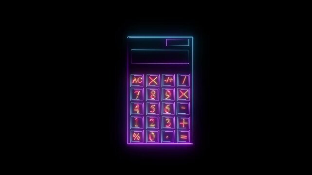 Neon glowing calculator icon with bright blue and purple electric light lines on a dark black background representing modern finance and digital math technology