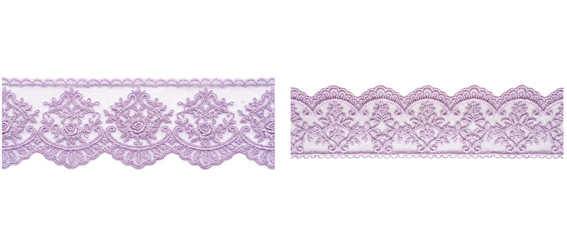 Purple lace trim with ornate floral and scroll patterns, isolated on white isolated on transparent background