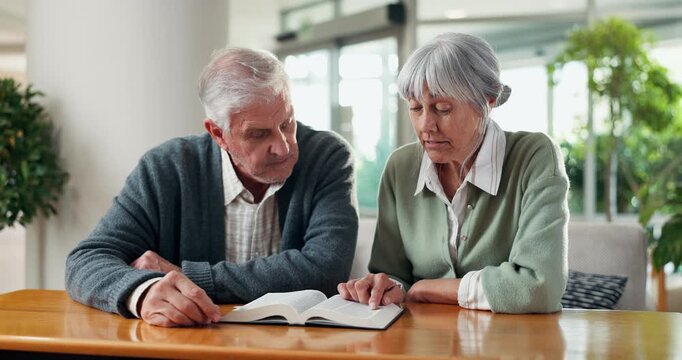 Home, faith or senior couple with bible for religious practice, spiritual bonding or praise God. Retirement, people or reading scripture in Holy book for christian marriage, guidance or worship study