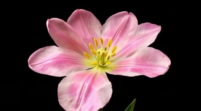 A tender light pink tulip bloom displays vibrant yellow stamens reaching outward while revealing delicate soft petals across the frame to celebrate the arrival of the refreshing spring garden