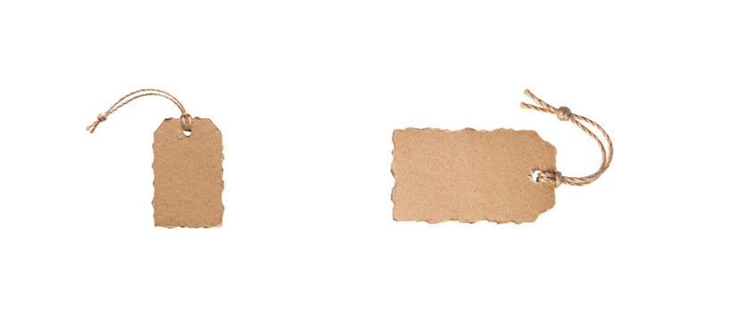 Two rustic brown paper tags with string and torn edges, isolated on transparent background