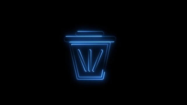 Glowing blue neon trash can icon representing delete or remove action for digital user interface design on a dark black background