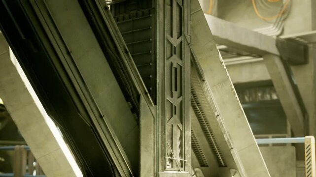 Escalator tread mechanism transit interior, close view of chain and rail system with workshop textures and industrial wiring, retrofuturistic mood suggests