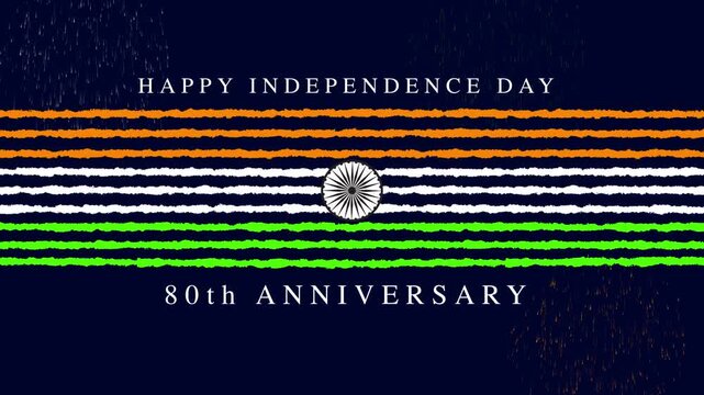 India 80th Independence Day Animation with Fireworks, Indian Tricolor Flag Stripes and Ashoka Chakra on Dark Blue Background, National Celebration Loop.