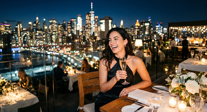 Woman laughing with champagne on rooftop at night