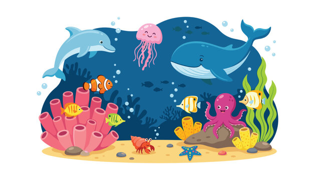 Cute underwater sea life vector illustration with cartoon whale dolphin octopus jellyfish clownfish and colorful coral reef scene