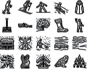 Obraz premium Collection of winter themed outline icons with a 3d effect, depicting various activities like skiing and ice fishing, alongside snow, ice, and cold weather elements