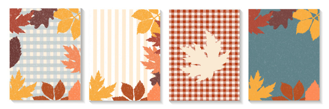 Autumn card template set. Four vertical layouts with textured leaves, plaid and stripes. Ideal for Thanksgiving invitation, Autumn sale,fall wedding stationery, harvest menu, poster, and web banner.