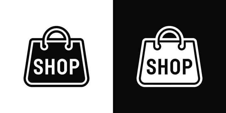 Shopping bag with the word shop written on the front, simple black and white for retail and e-commerce web interface