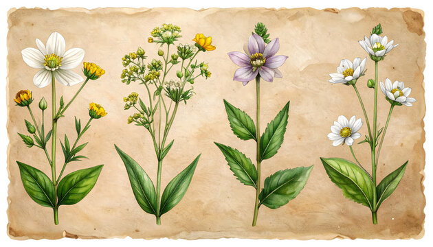 Wildflowers like amaranth sorrel and buttercup drawn with chalk on kraft paper for studies generative AI