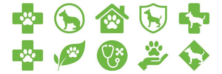 Veterinary care icons featuring pet clinic, medicine symbols, dog, cat, wild bird, animal health, and vector illustration. © MOSA