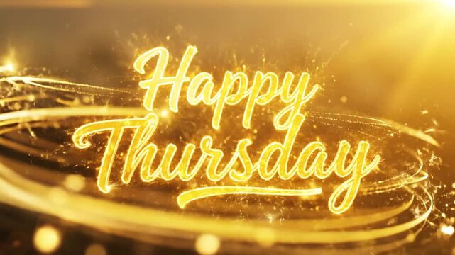 Elegant golden Happy Thursday greeting card with glowing light particles and sparkling background.