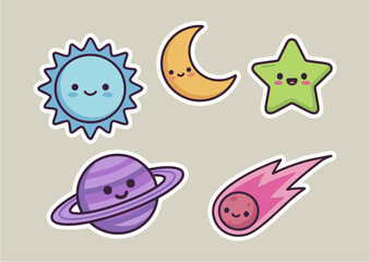 Cute kawaii space stickers set with sun moon star planet and comet © fcdb_48