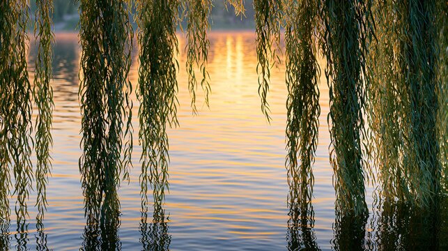 Weeping willow river sunset golden reflection