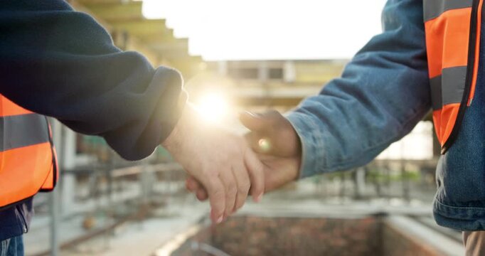 Construction, handshake or people with safety inspection, building deal and greeting on site. Flare, hello and engineers with shaking hands, partnership agreement and clearance in compliance check.