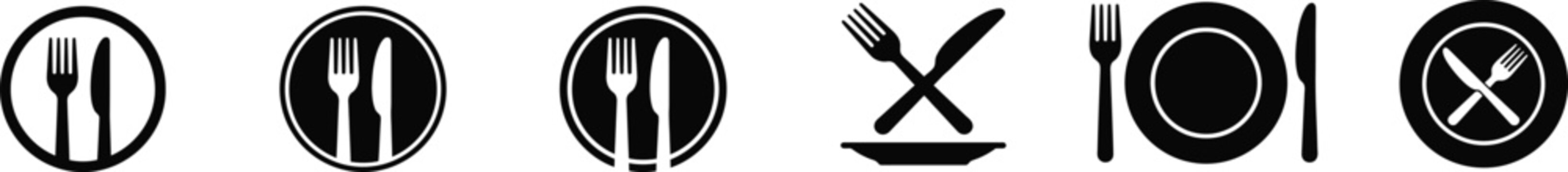 Restaurant dining fork and knife cutlery and plate food icons with restaurant interface hospitality isolated illustration collection silverware breakfast catering