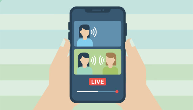 Live streaming on a mobile phone showing virtual video conference call with multiple diverse participants speaking together.
