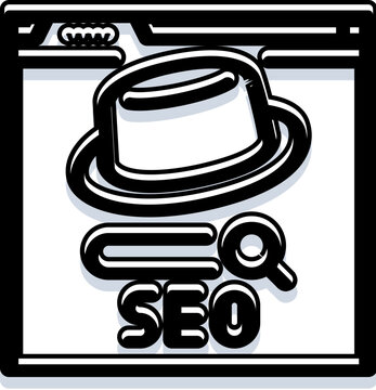 Browser window displaying a hat icon above the letters seo and a magnifying glass, symbolizing black hat seo tactics and unauthorized search engine optimization