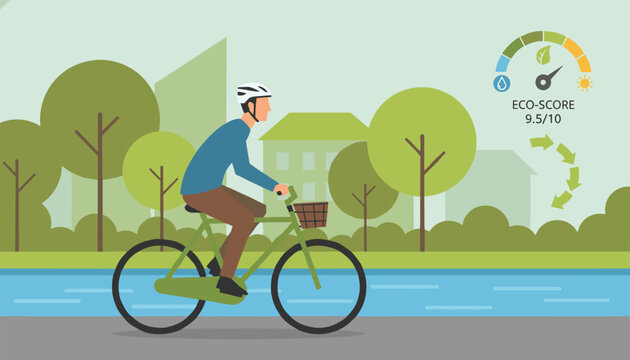 Man riding a bicycle in a green bike path along the river with an ecological score meter promoting carbon footprint reduction.