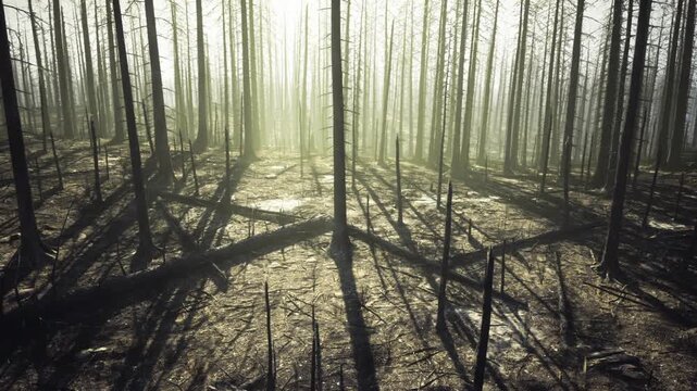 Charred pine trunks at sunrise, smokelit mist and long shadows stretch across ashcovered floor, scorched branches standing like skeletons, hint of new shoots