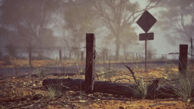 Weathered signpost beside country road in thick morning fog, timber post and faded sign, low contrast scene with muted palette, gravel verge and distant trees