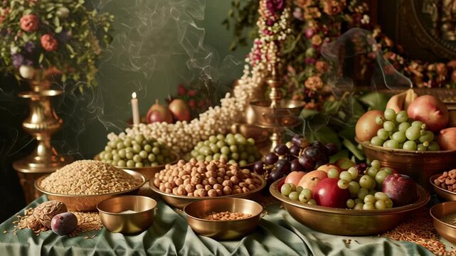 Traditional Hindu ritual offering with fruits and incense in temple setup
