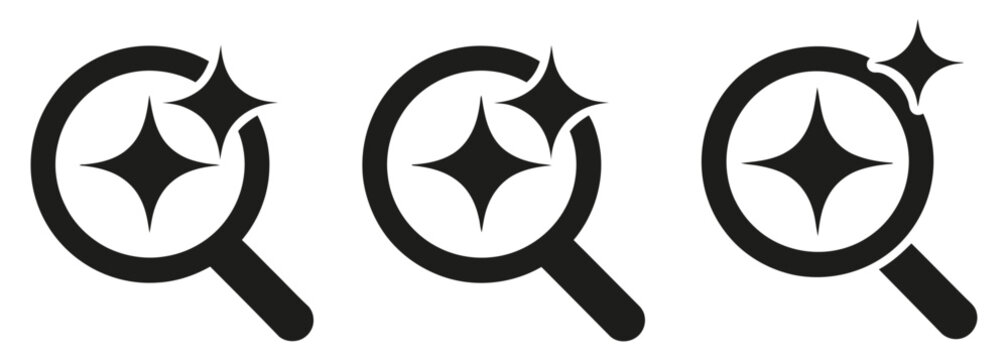 Magnifying glass icons showcasing AI stars, search functionality, data discovery, and clean digital analysis symbols