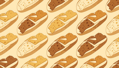 Fototapeta premium Delicious french baguette bread with melted cheese and chocolate seamless pattern on a soft beige background.